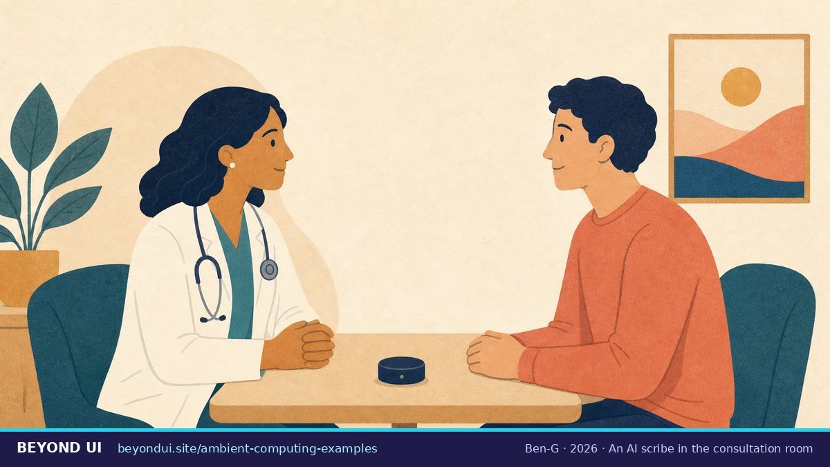A doctor and patient talk face to face with only a small recording device on the table between them
