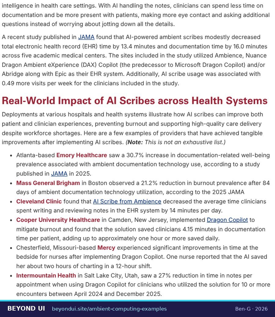 AHA Market Scan page listing health systems reporting results from ambient AI scribes