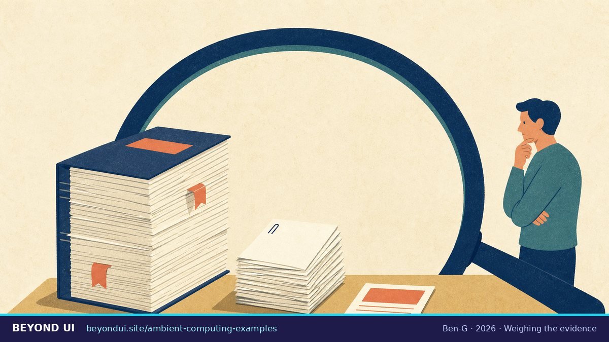 A magnifying glass over a thick report, a stapled stack and a single flyer
