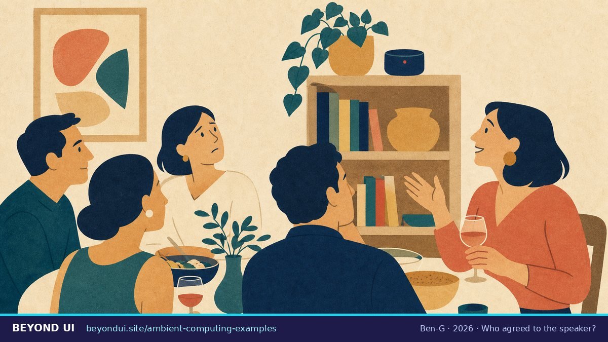 A dinner guest looks uneasily at a small speaker on a bookshelf while the host keeps talking