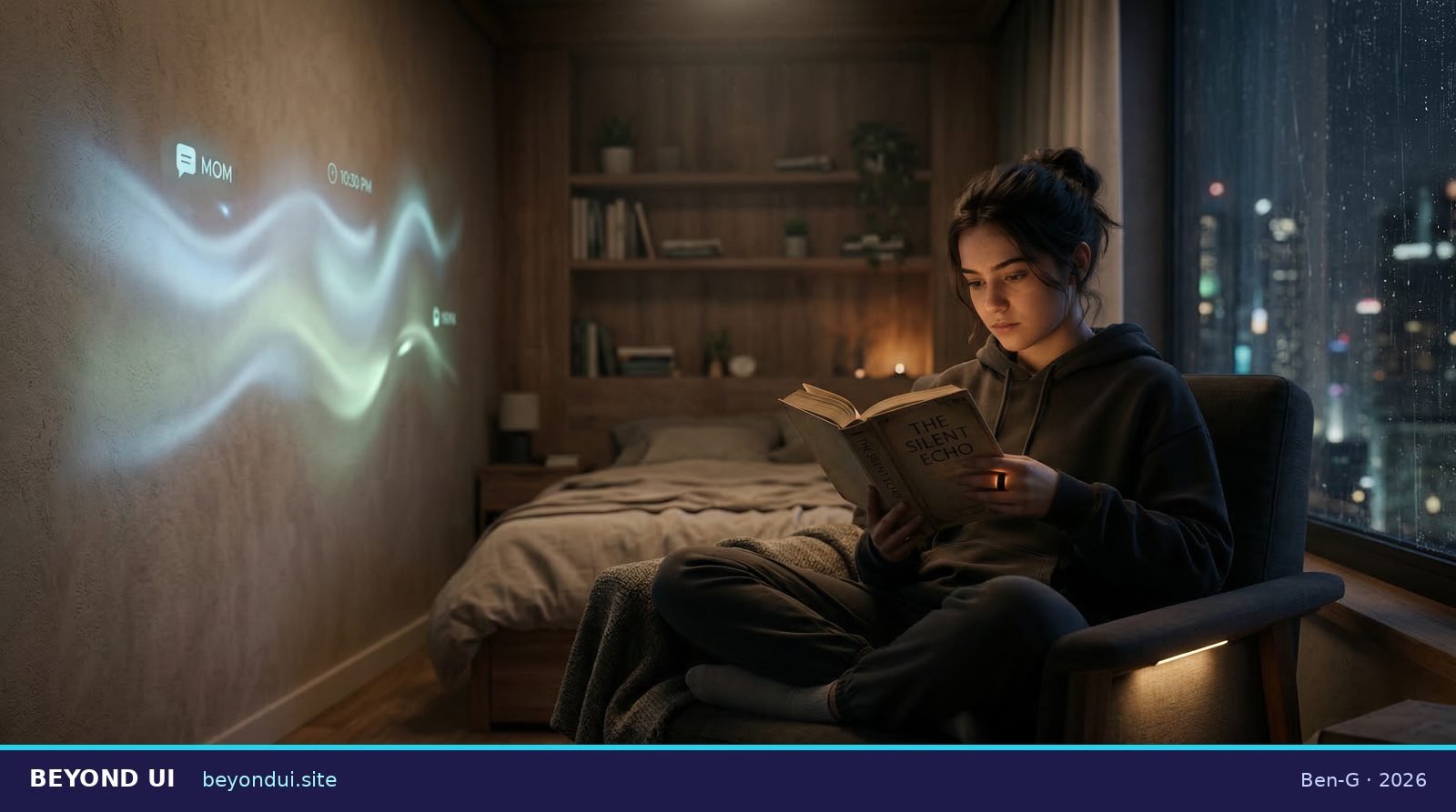 A near-future bedroom at night with no screens. Soft ambient light patterns on the wall gently shift, while a teenager reads a book.