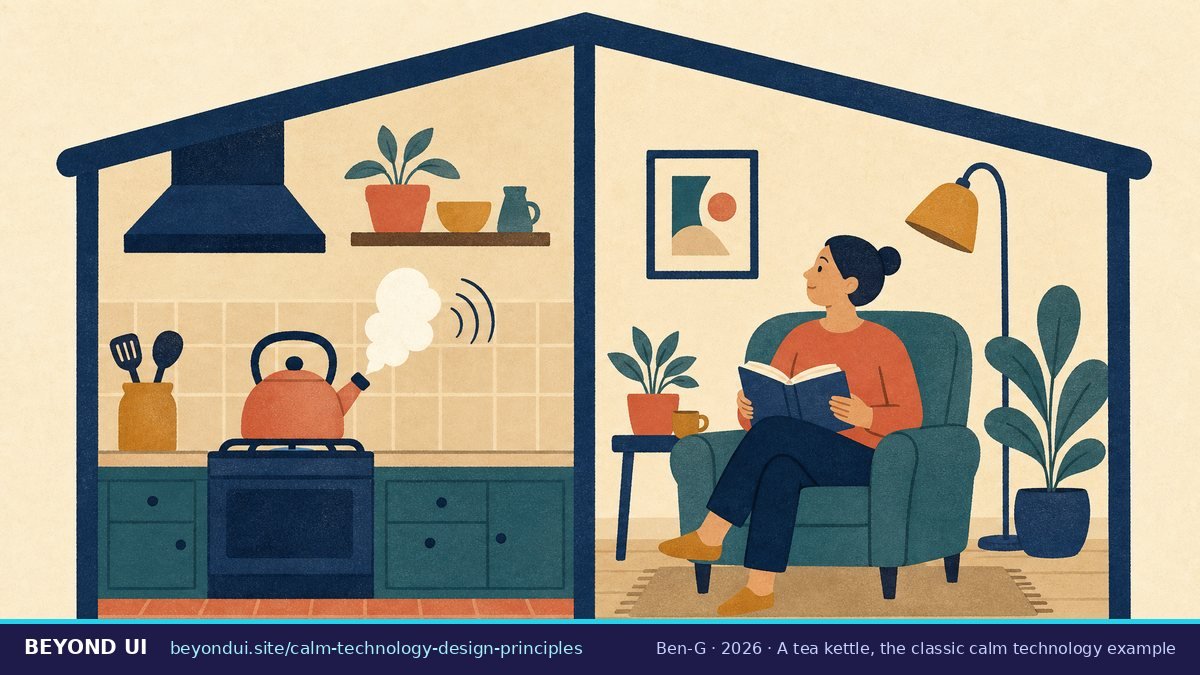 A tea kettle, the classic calm technology example A kettle steams in the kitchen while a person reading in the next room calmly looks up