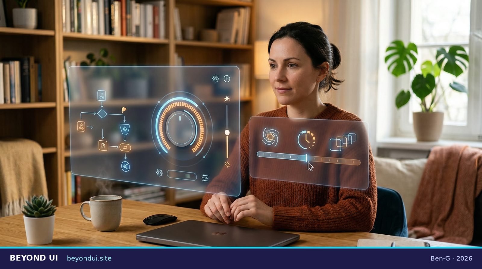 A person at a desk looks at a minimal holographic panel showing simple plan-preview icons and a control dial.
