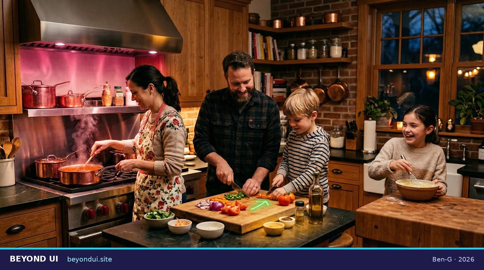 Kitchen where countertop glows near ingredients and hood light shifts color