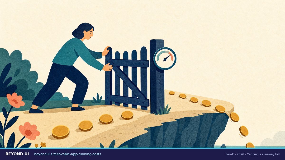 A person closes a garden gate to stop coins rolling toward a cliff edge, with a gauge on the gate post