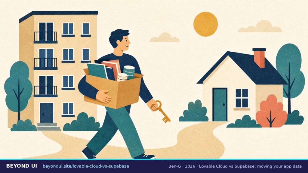 A person carries a box of app data from a rented building to their own house, key in hand