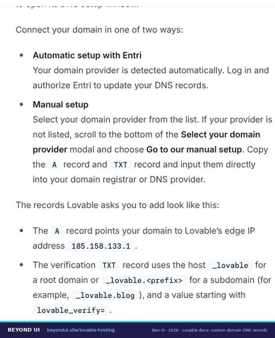 Lovable docs: custom domain DNS records Lovable documentation showing the A record 185.158.133.1 and the _lovable TXT verification record