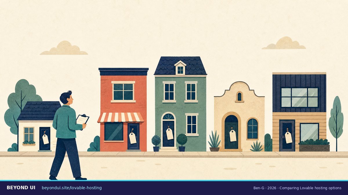 Comparing Lovable hosting options A person with a clipboard compares five different small buildings along a street