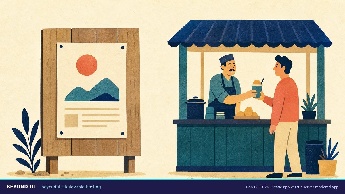Static app versus server-rendered app A printed poster on a board next to a kiosk where a shopkeeper serves a customer live