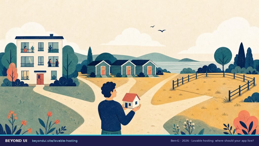 A founder at a fork in the road holds a small model house, choosing between a shared building, rental cabins and a private plot