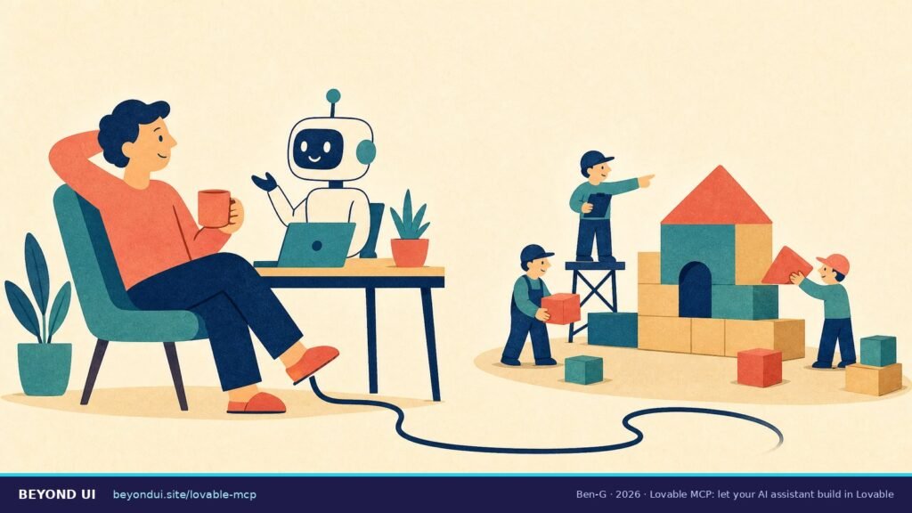 A person at a desk talks to a simple robot assistant while a cable runs to a workshop where small builders assemble a house