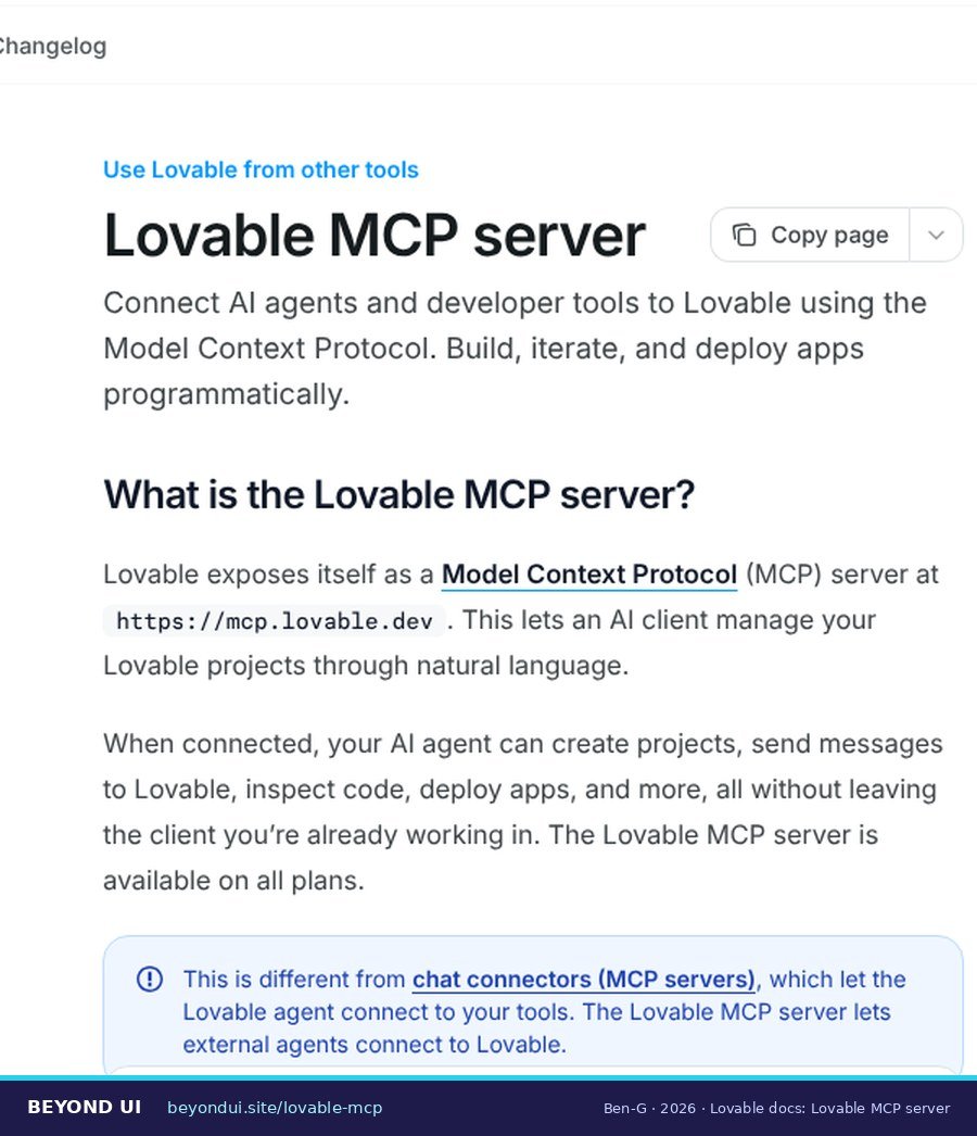 Lovable documentation page for the Lovable MCP server with the server address https://mcp.lovable.dev