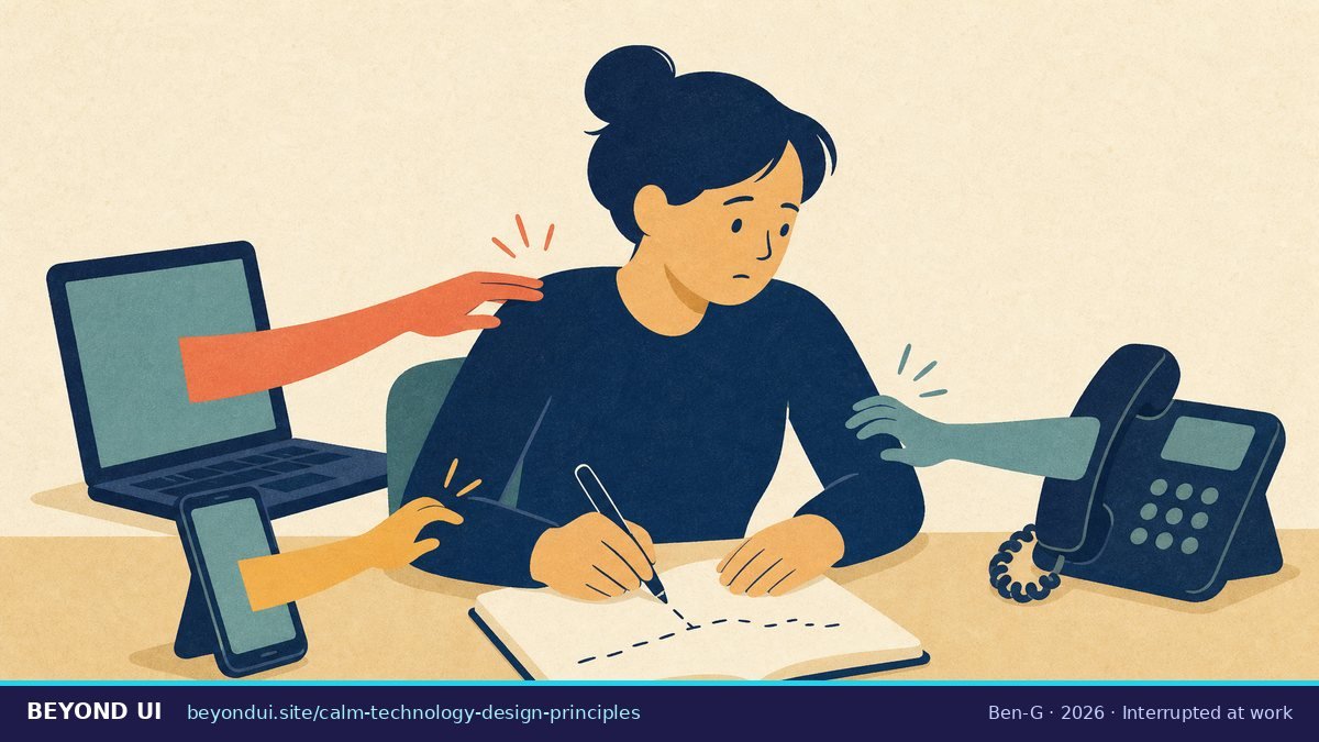 Interrupted at work Hands reach out of a laptop, phone and desk phone to tap a worker who is trying to write