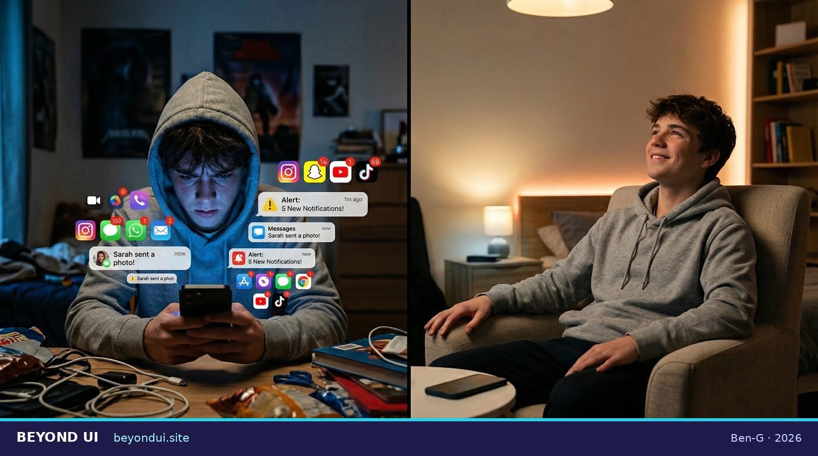 Split-screen: left shows a teen hunched over a phone with notifications; right shows the same teen sitting calmly while soft ambient light quietly shows the same info.