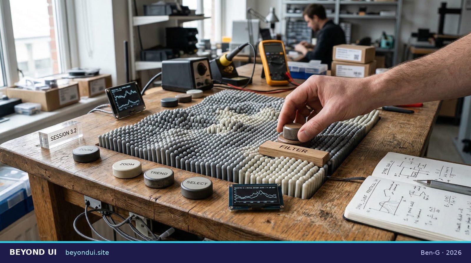 A desk with a shape-changing surface — bumps rise and fall to represent digital information, like MIT Tangible Media Group research.