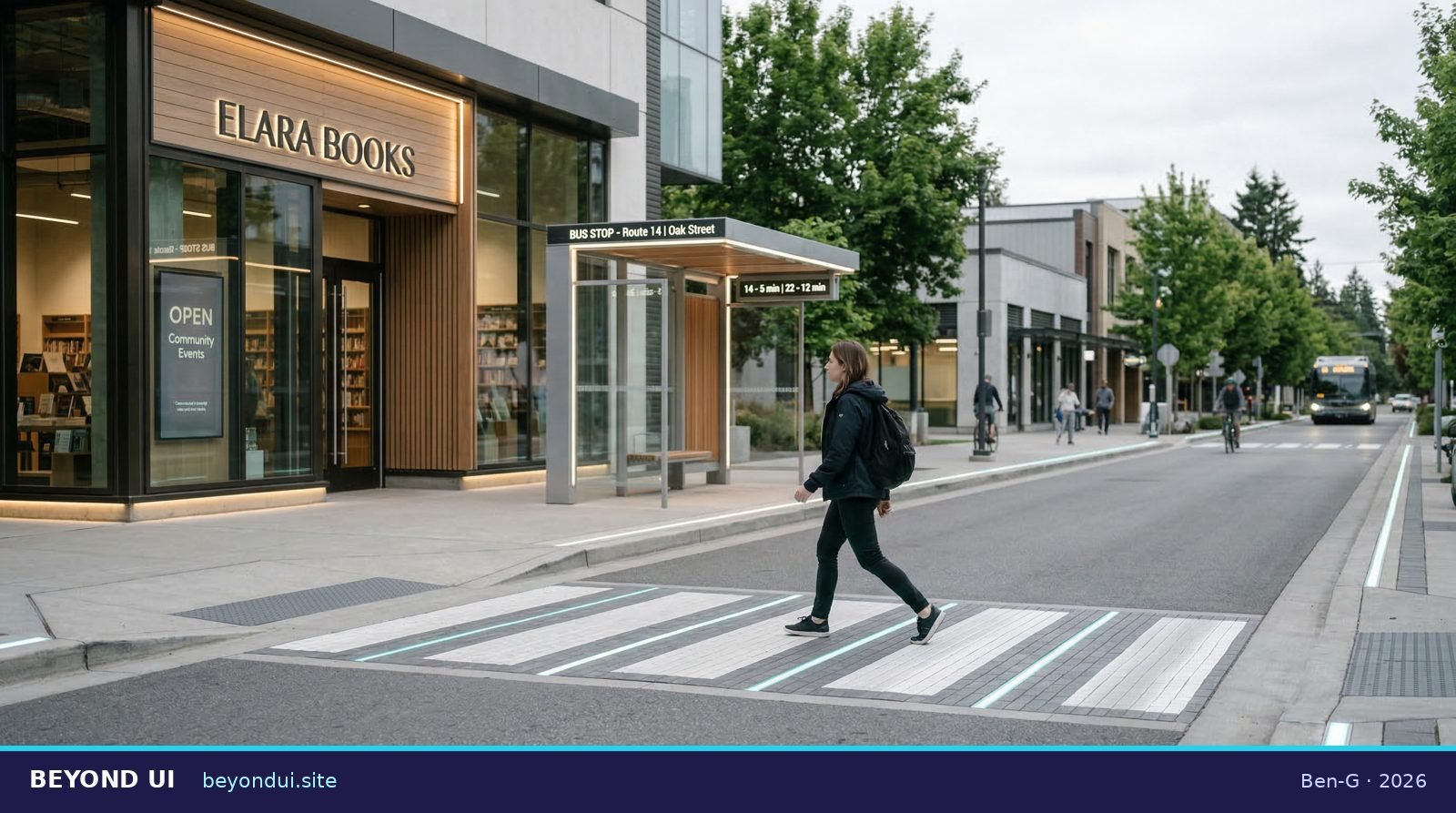 Calm smart city street with ambient light lines in the pavement