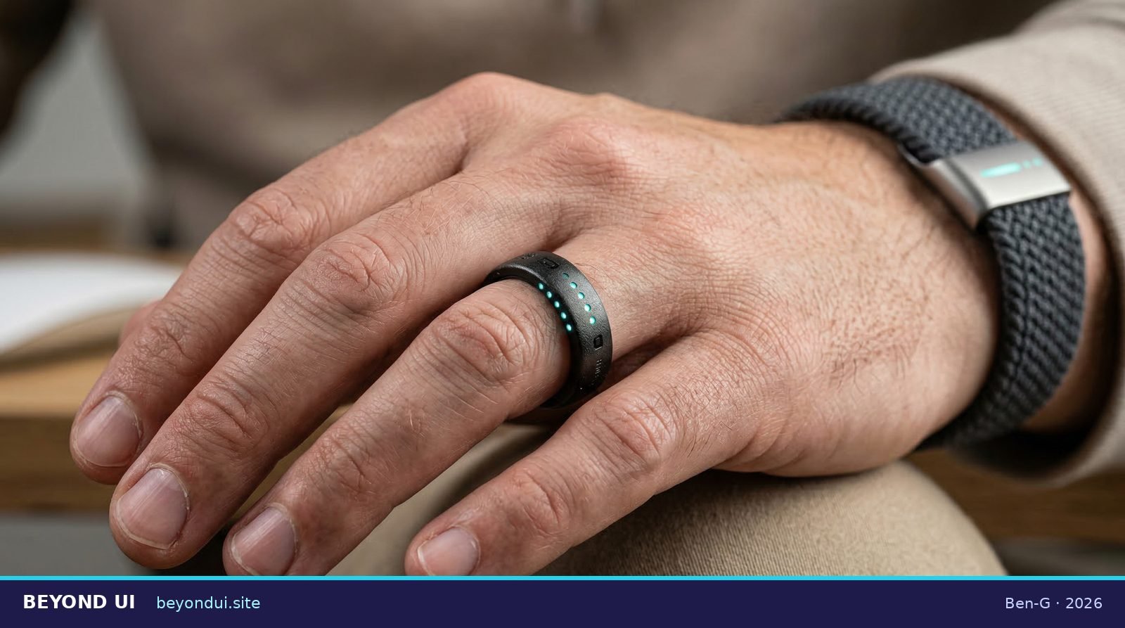 Close-up of a smart ring and wristband with haptic glow dots