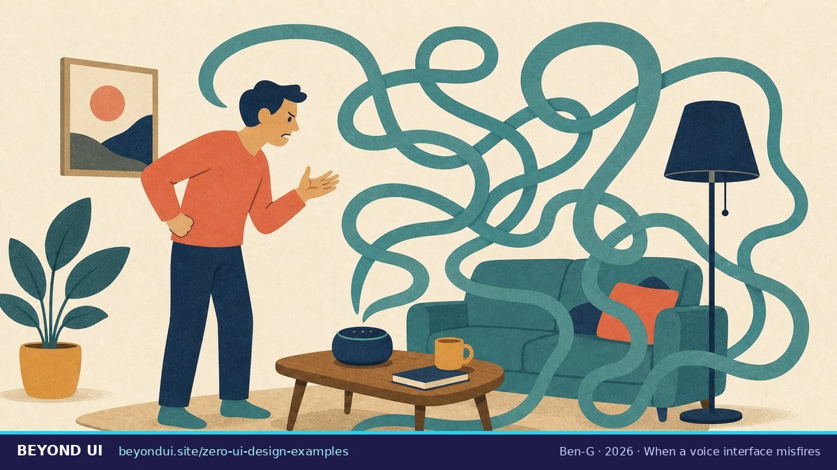 A frustrated man in a living room while a smart speaker's long reply tangles around the room and the lamp stays off