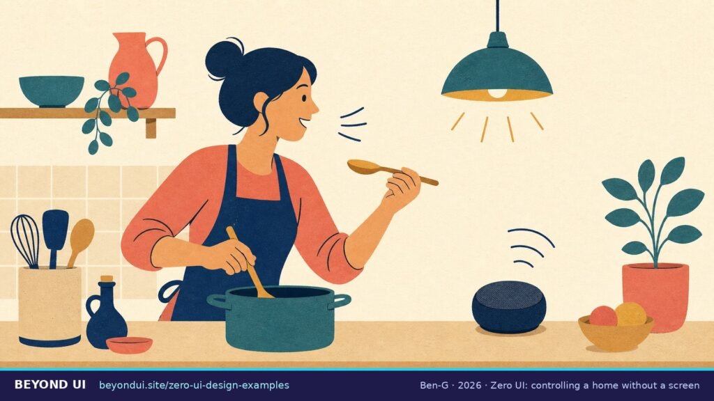 A cook with busy hands talks to a small speaker while a lamp turns on, with no screen in sight